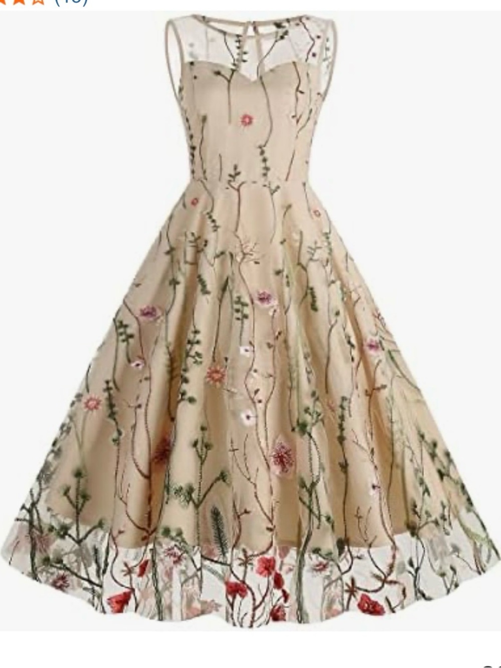 Floral Embroidered Beige Fit-and-Flare Dress